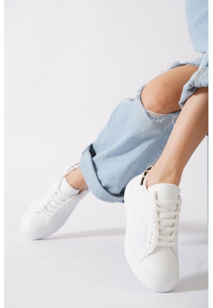 Leopar Detaylı Kalın Taban Fileli Beyaz Sneaker pene