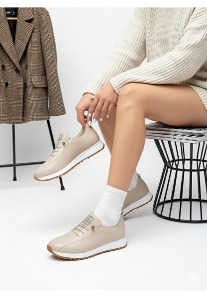 Vegan Deri Bej Kadın Sneaker 590₺ | Günlük Rahat ve Şık Suni Deri Spor Ayakkabı Modelleri
