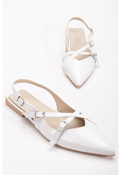 Beyaz Parlak Çok Bantlı Slingback Babet Ayakkabı Hertu