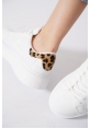 Leopar Detaylı Kalın Taban Fileli Beyaz Sneaker pene
