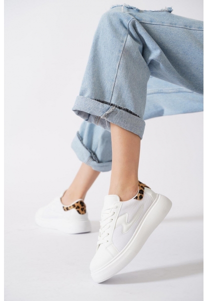 Leopar Detaylı Kalın Taban Fileli Beyaz Sneaker pene