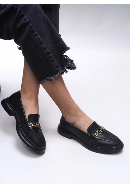 Zincir Detaylı Siyah Kadın Loafer peta