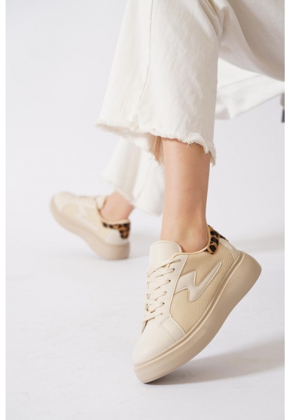  Leopar Detaylı Bej Kalın Taban Fileli Sneaker pene