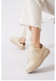  Leopar Detaylı Bej Kalın Taban Fileli Sneaker pene