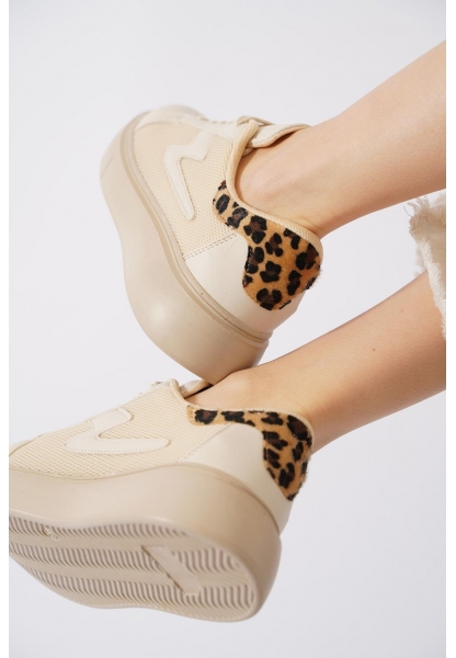  Leopar Detaylı Bej Kalın Taban Fileli Sneaker pene