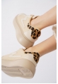  Leopar Detaylı Bej Kalın Taban Fileli Sneaker pene