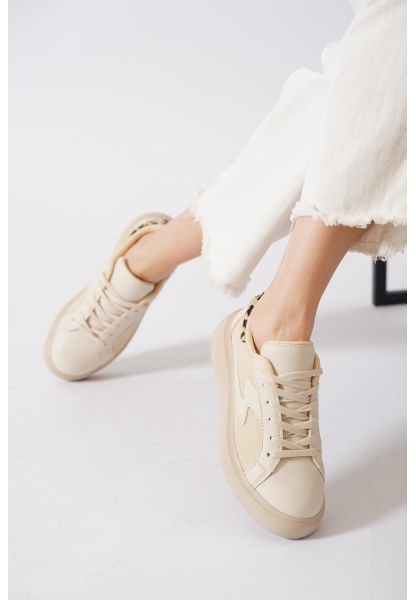  Leopar Detaylı Bej Kalın Taban Fileli Sneaker pene