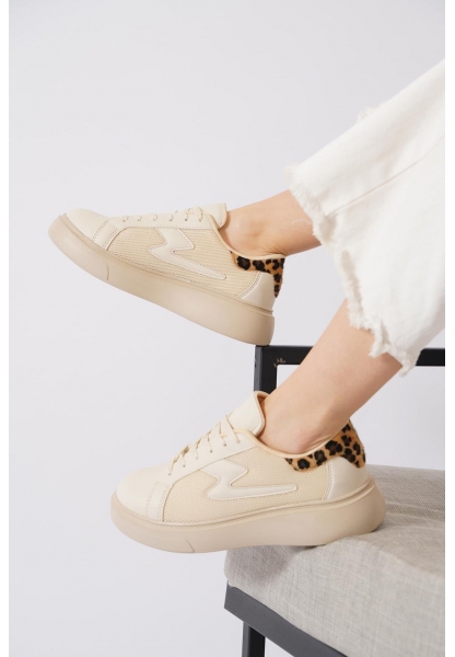  Leopar Detaylı Bej Kalın Taban Fileli Sneaker pene