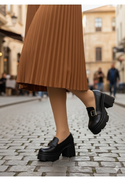 Klasik Kalın Tabanlı Siyah Tokalı Topuklu Loafer 849₺ loa