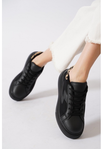 Leopar Detaylı Siyah Kalın Taban Fileli Sneaker pene