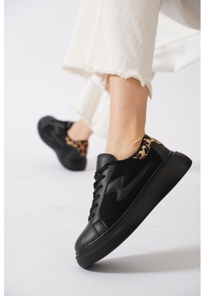 Leopar Detaylı Siyah Kalın Taban Fileli Sneaker pene