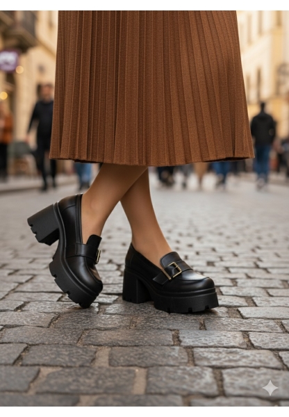Klasik Kalın Tabanlı Siyah Tokalı Topuklu Loafer 849₺ loa